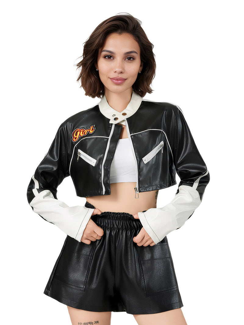 Black and White Cropped Faux Leather Biker Jacket for Women