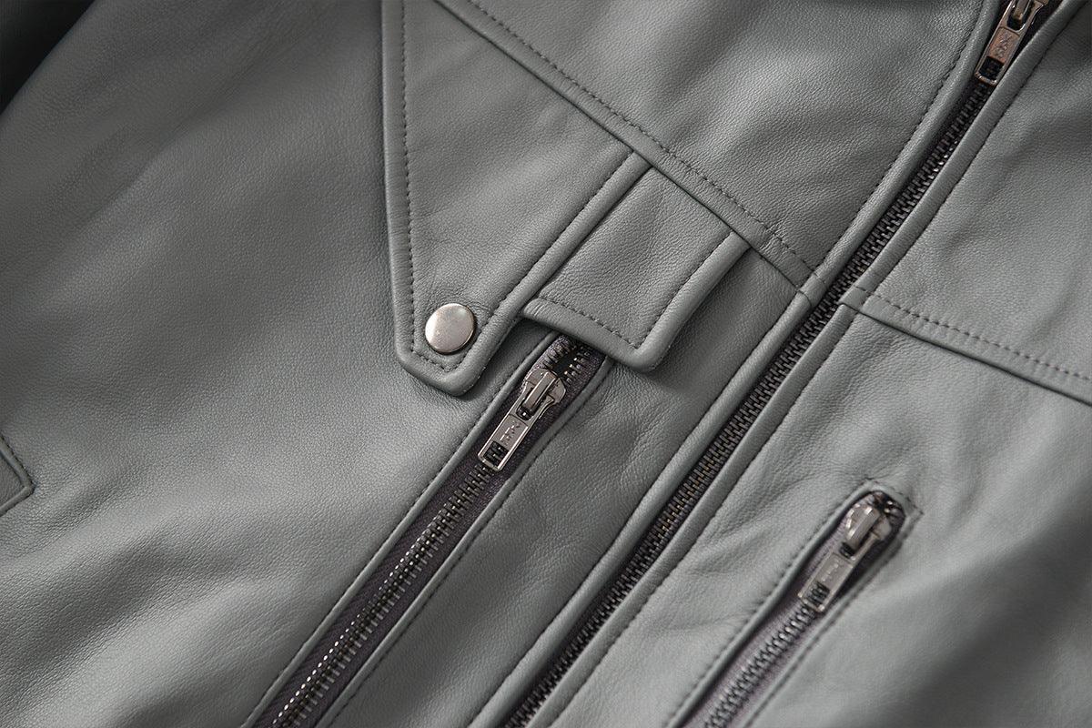 Men Grey Genuine Leather Bomber Jacket