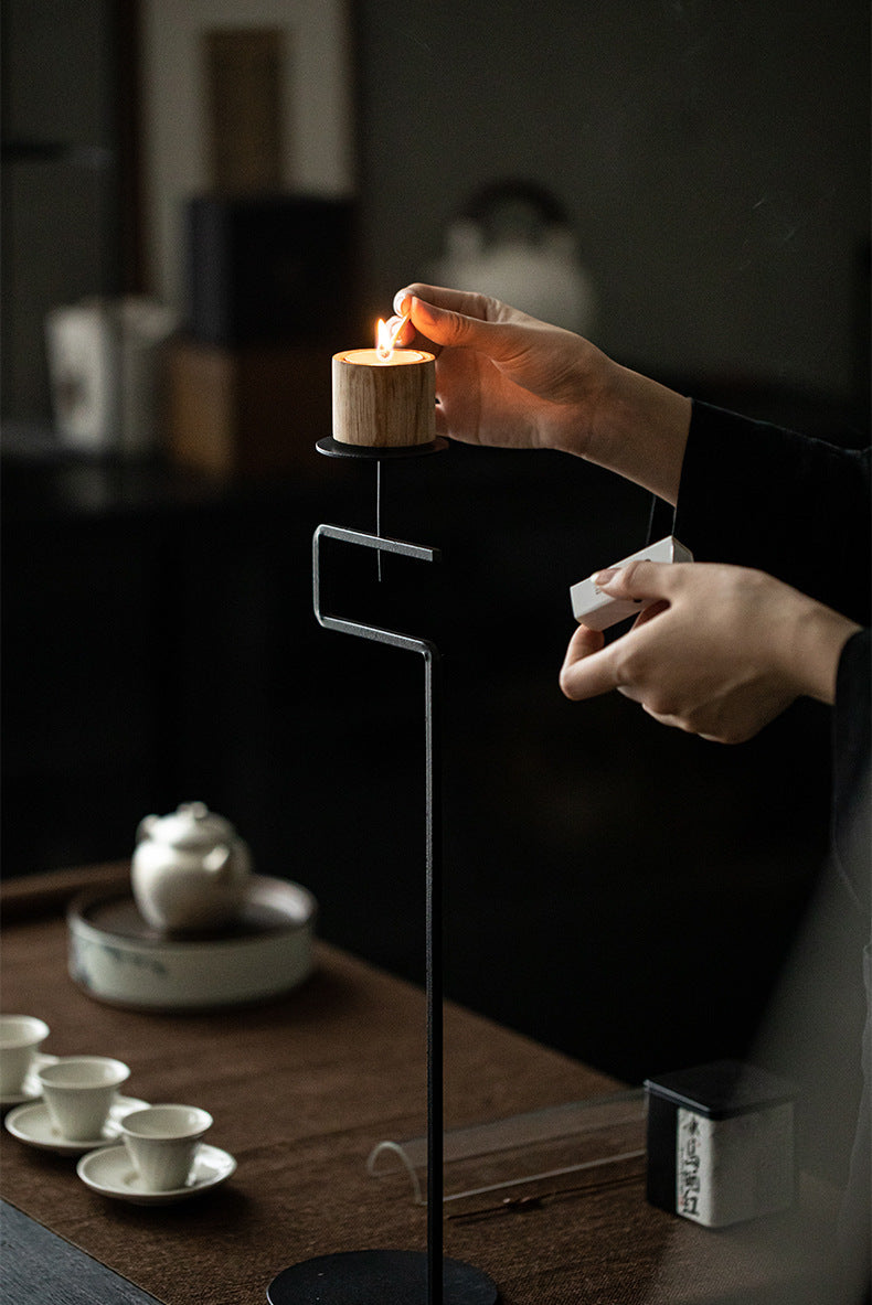 Black Wrought Iron Candle Stand with Wooden Cup – 45 cm