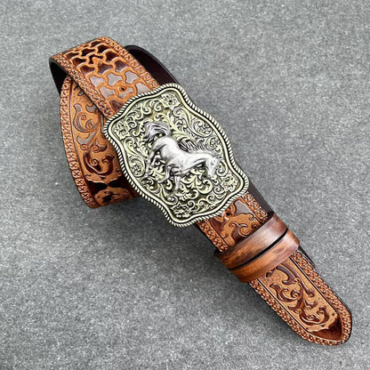 Men’s Western Cowboy Leather Belt with Horse Buckle