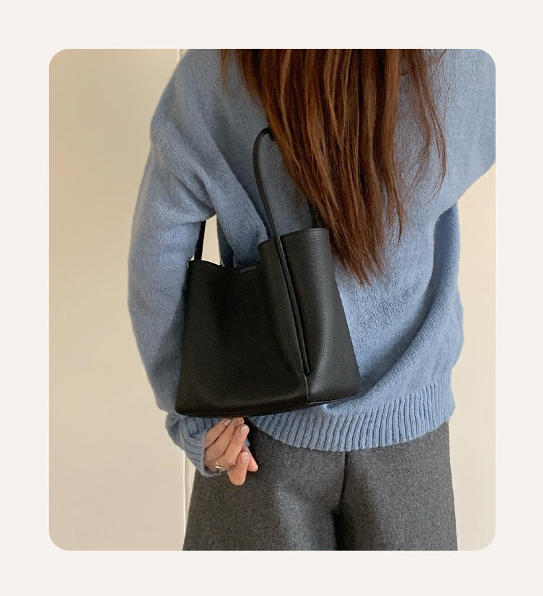 Women Soft Top Grain Leather Bucket Bag