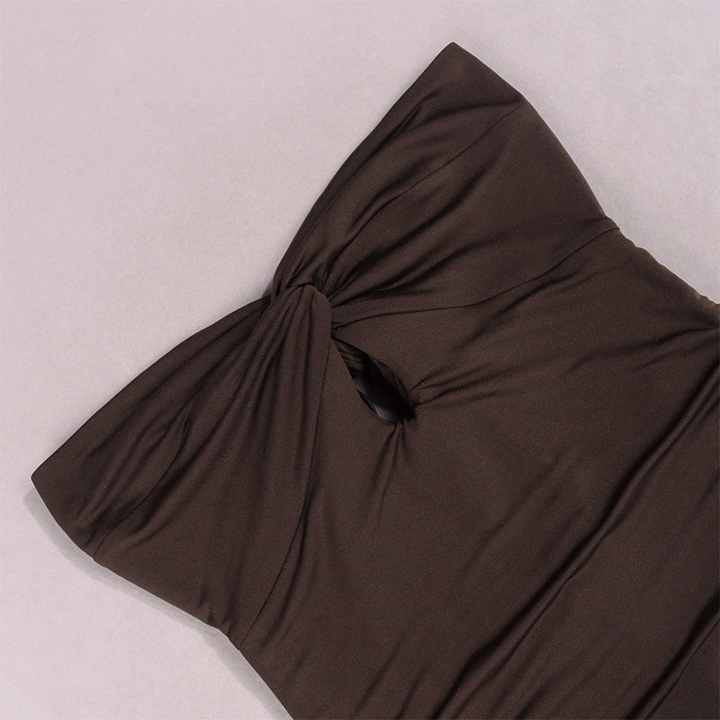 Brown ruched tube dress with twist bust detail