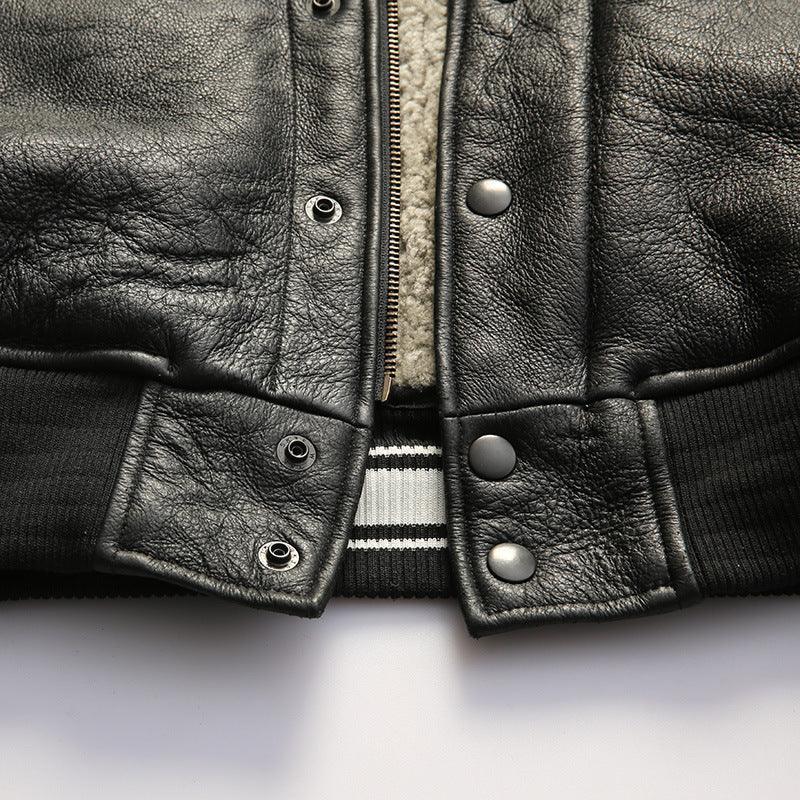Men’s Black Leather Bomber Jacket with Real Shearling Collar