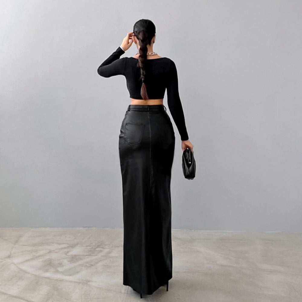 High Waist Leather Slit Straight Skirt