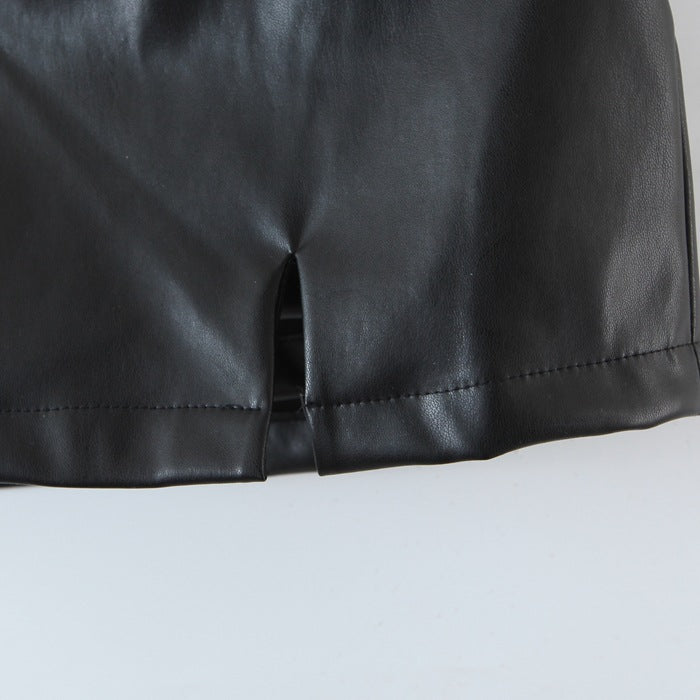 Black PU Leather Mini Skirt with Slit High Waisted