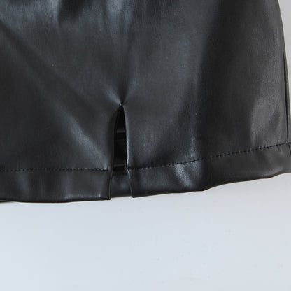 Black PU Leather Mini Skirt with Slit High Waisted
