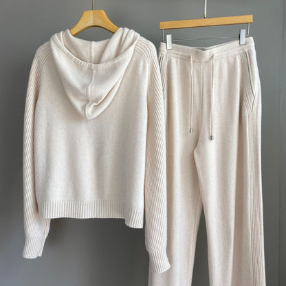 Women Cashmere Wool Knit Hoodie and Pants Set