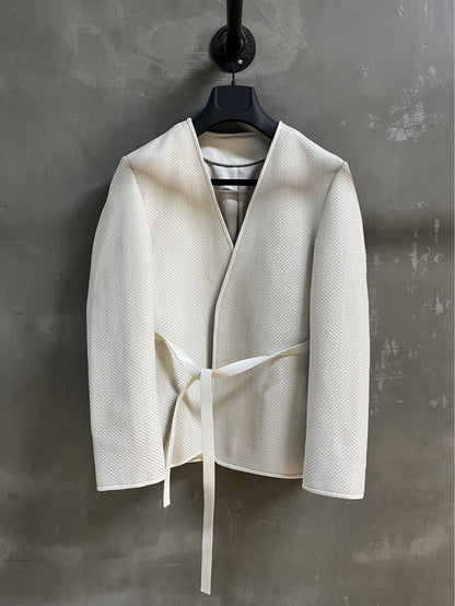 Women Hand Woven Leather Jacket with Open Front Belt