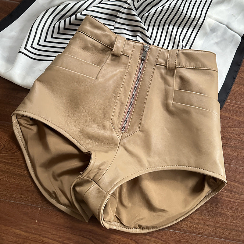 Women high waisted leather short shorts Beige khaki XS
