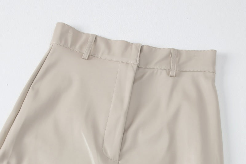 High Waist Leather Slit Straight Skirt