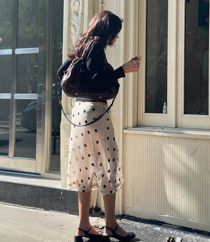 Women Polka Dot Satin Midi Skirt High Waist French Acetate Drape