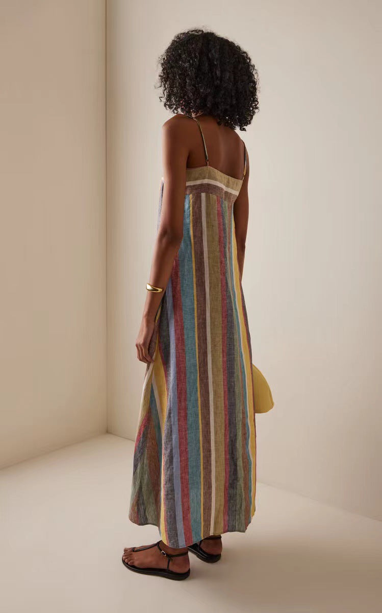 Multicolor Vertical-Striped Square-Neck Loose-Fit Shift Midi Dress