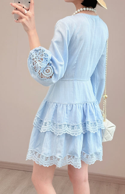 White linen lace v neck resort dress breathable summer mini