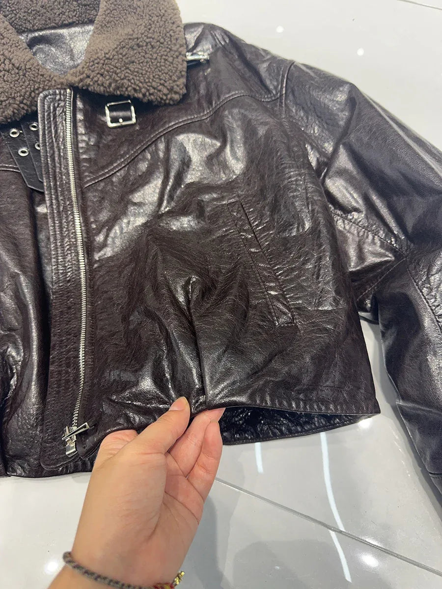 women genuine sheepskin bomber jacket with fur collar