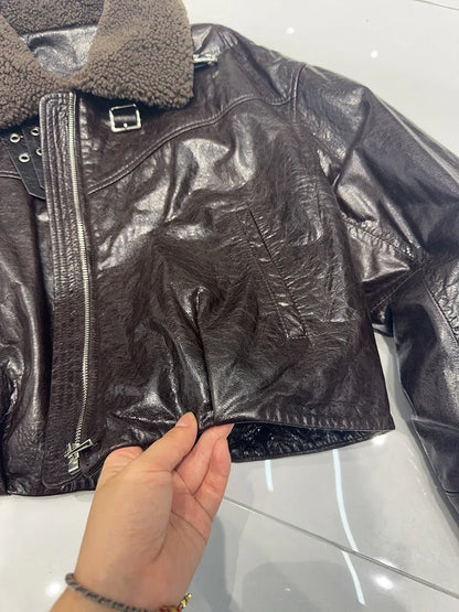 women genuine sheepskin bomber jacket with fur collar