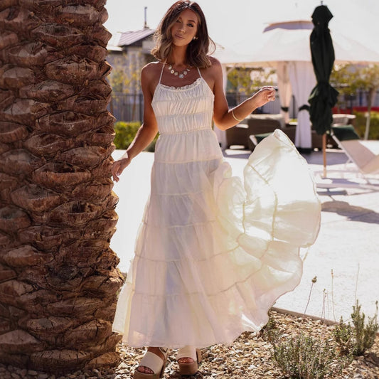 Ivory Tiered Backless Maxi Dress Summer Sundress