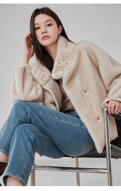 Short Mink Fur Coat Women Double Breasted Winter Jacket