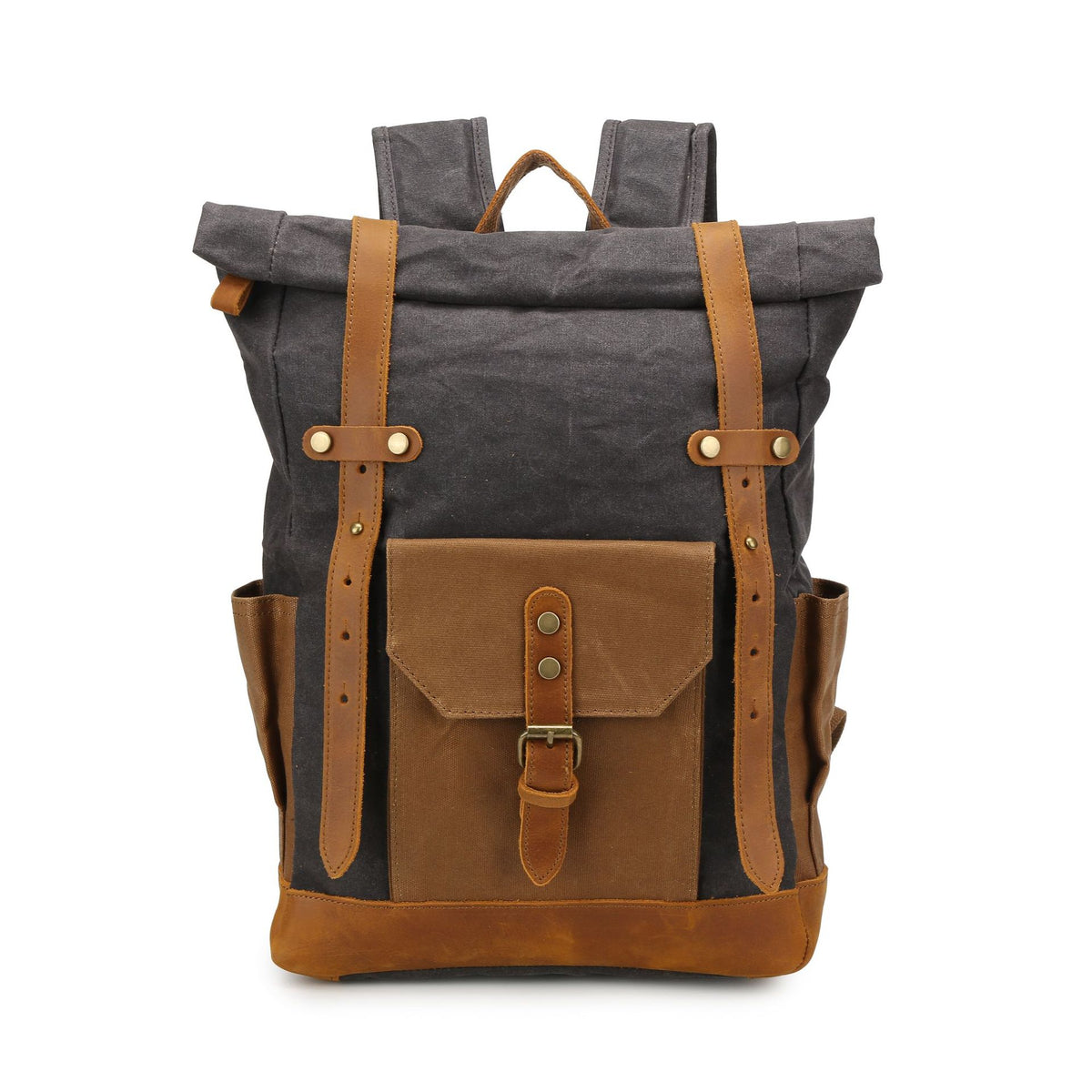 Canvas Backpack with Roll Top, Brown Trim and Organized Storage
