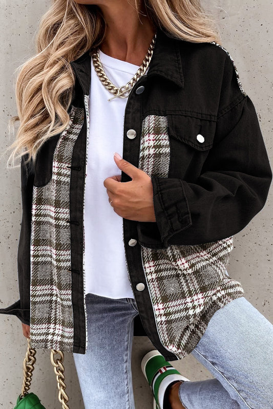 Black Plaid Patchwork Oversized Denim Shirt Jacket for Women