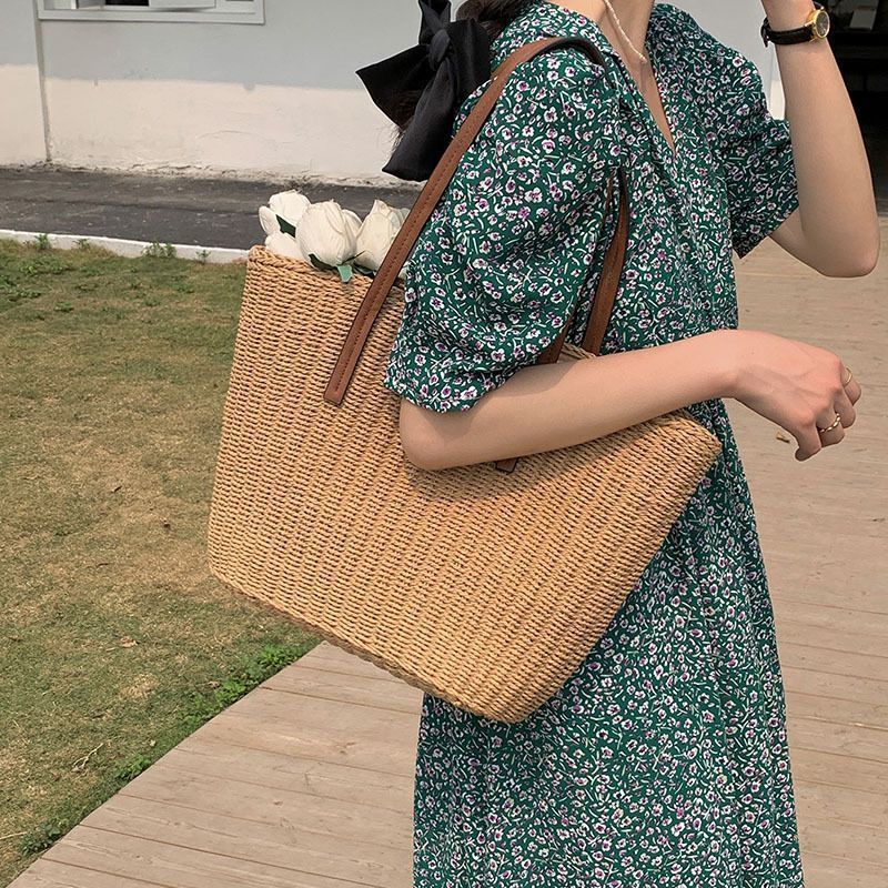 Straw Summer Beach Bag Tote with Leather Handles