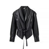 Faux Leather Jacket Women Belted Retro Wrap Style
