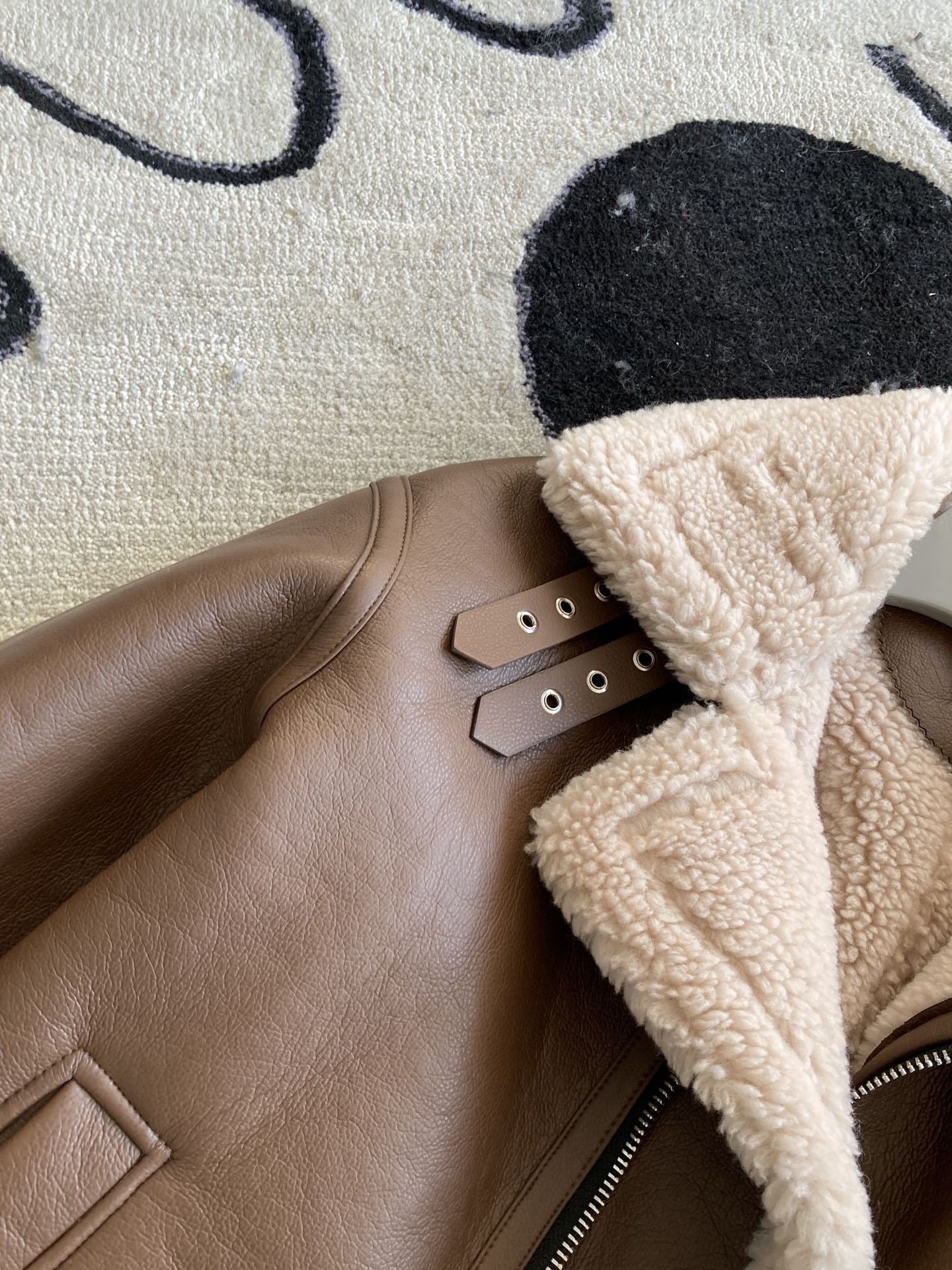 Brown faux shearling aviator leather bomber jacket