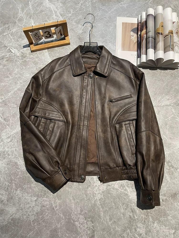 Brown sheepskin leather flight jacket with dropped shoulder