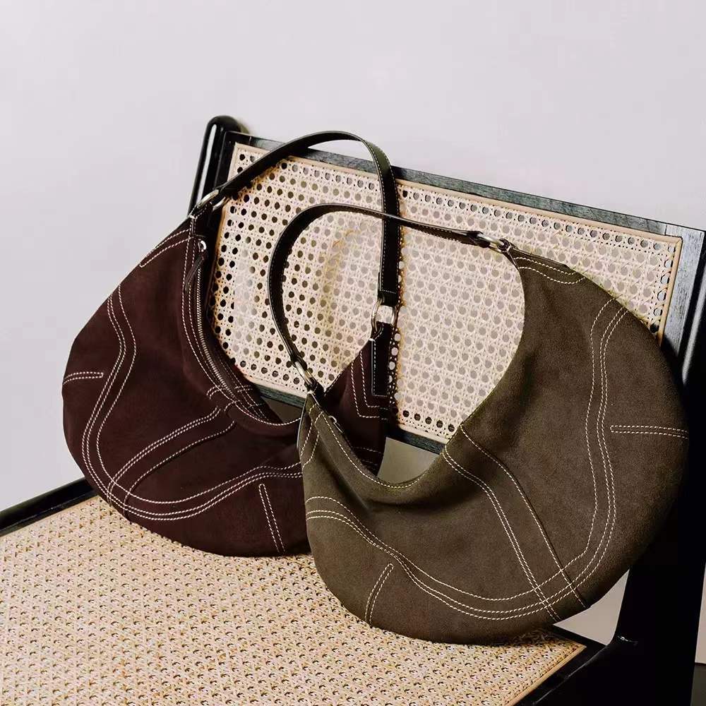 Suede Leather Underarm Crescent Shoulder Bag