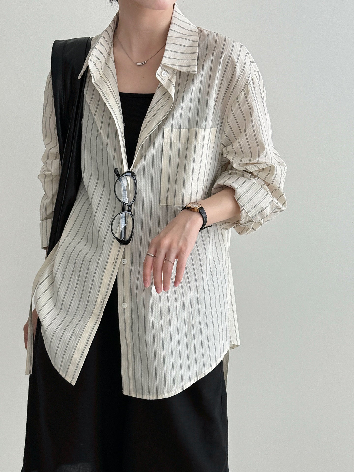 Cotton Striped Print Shoulder Shirt Blouse