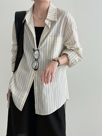 Cotton Striped Print Shoulder Shirt Blouse