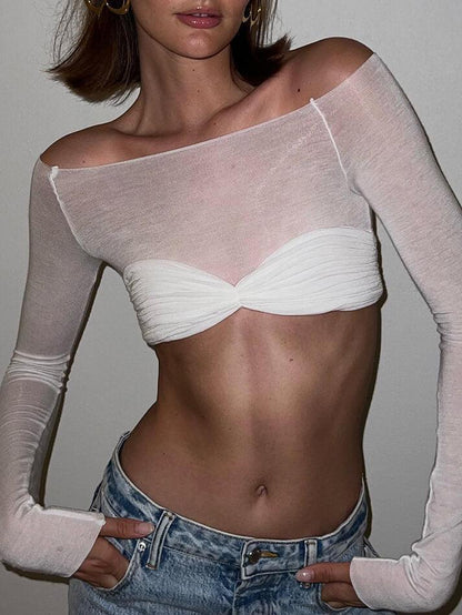 Women’s One Shoulder Exposed Waist Mesh Crop Top Long Sleeve Blouse