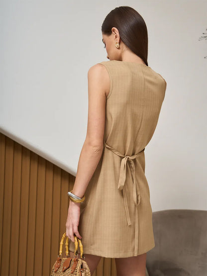 Sleeveless Button Front Summer Mini Dress with Waist Tie