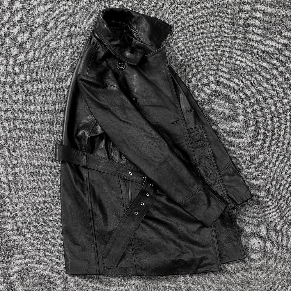 Men mid length leather trench coat jacket