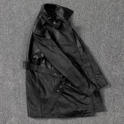Men mid length leather trench coat jacket