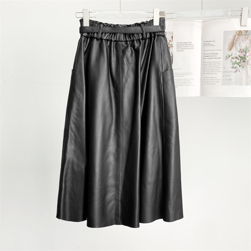 High Waist Black Leather Midi Skirt with Belt Pleated Design