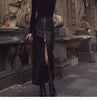 Black Leather Pencil Skirt with High Slit