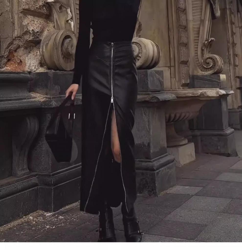 Black Leather Pencil Skirt with High Slit