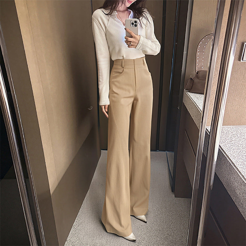 Beige high waist wide leg trousers women