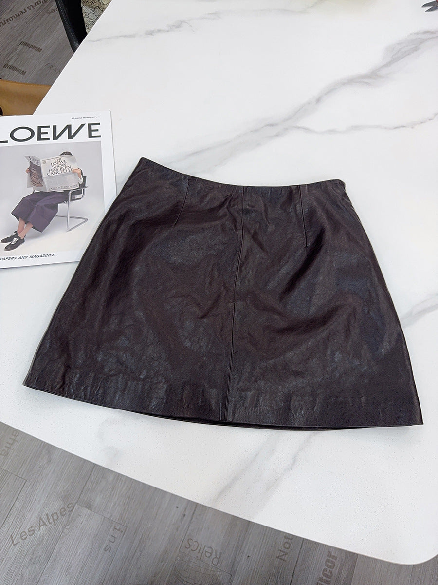 Women’s Leather Mini Skirt High Waist Oil Wax A-Line