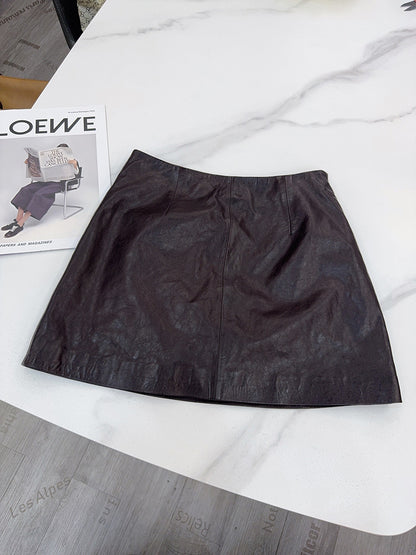 Women’s Leather Mini Skirt High Waist Oil Wax A-Line