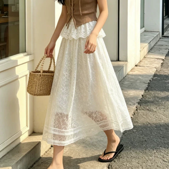 White lace maxi skirt with sheer mesh detail