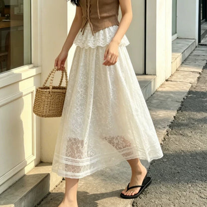 White lace maxi skirt with sheer mesh detail