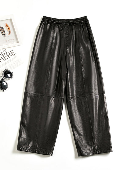 Women Black Genuine Leather Baggy Pants Loose Fit Wide Leg