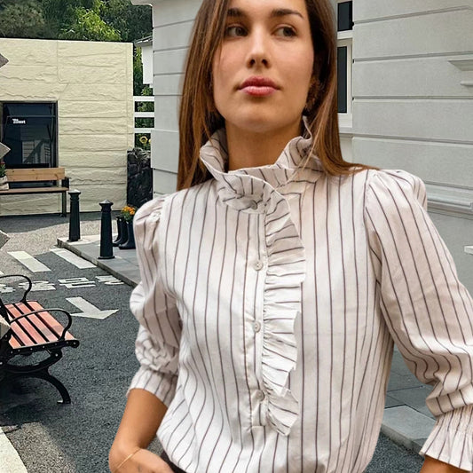 Beige Brown Women's Striped Button Down Shirt