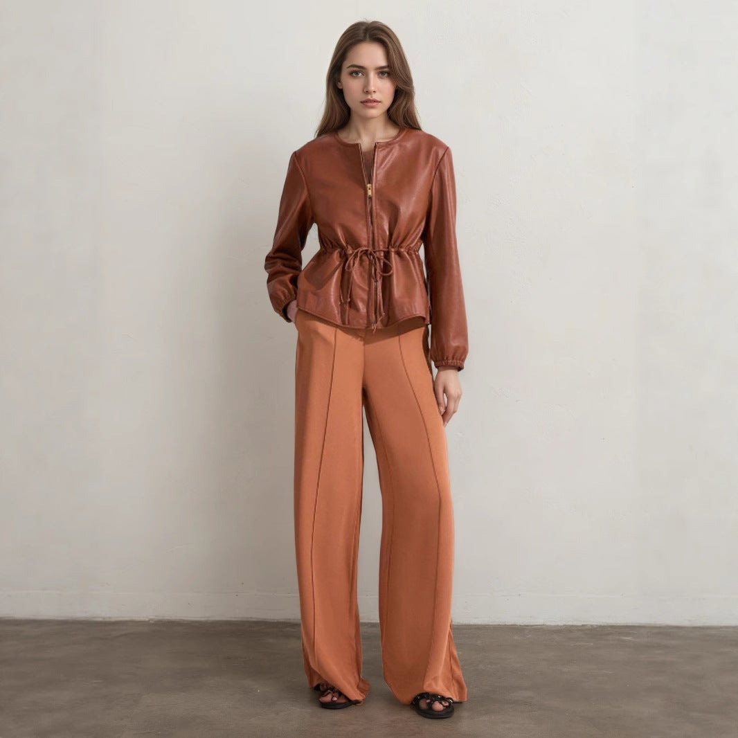 Brown Faux Leather Jacket for Women with Drawstring Waist