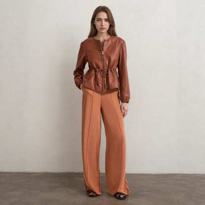 Brown Faux Leather Jacket for Women with Drawstring Waist