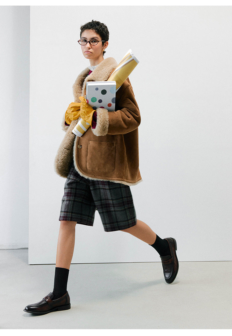 Women Reversible Shearling Wool Coat Winter Fur Jacket