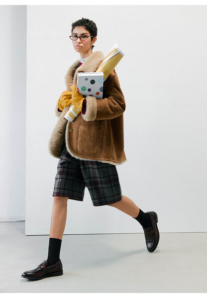 Women Reversible Shearling Wool Coat Winter Fur Jacket