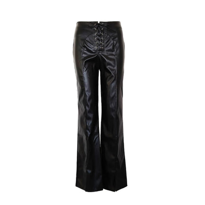 Low waist lace-up PU leather pants