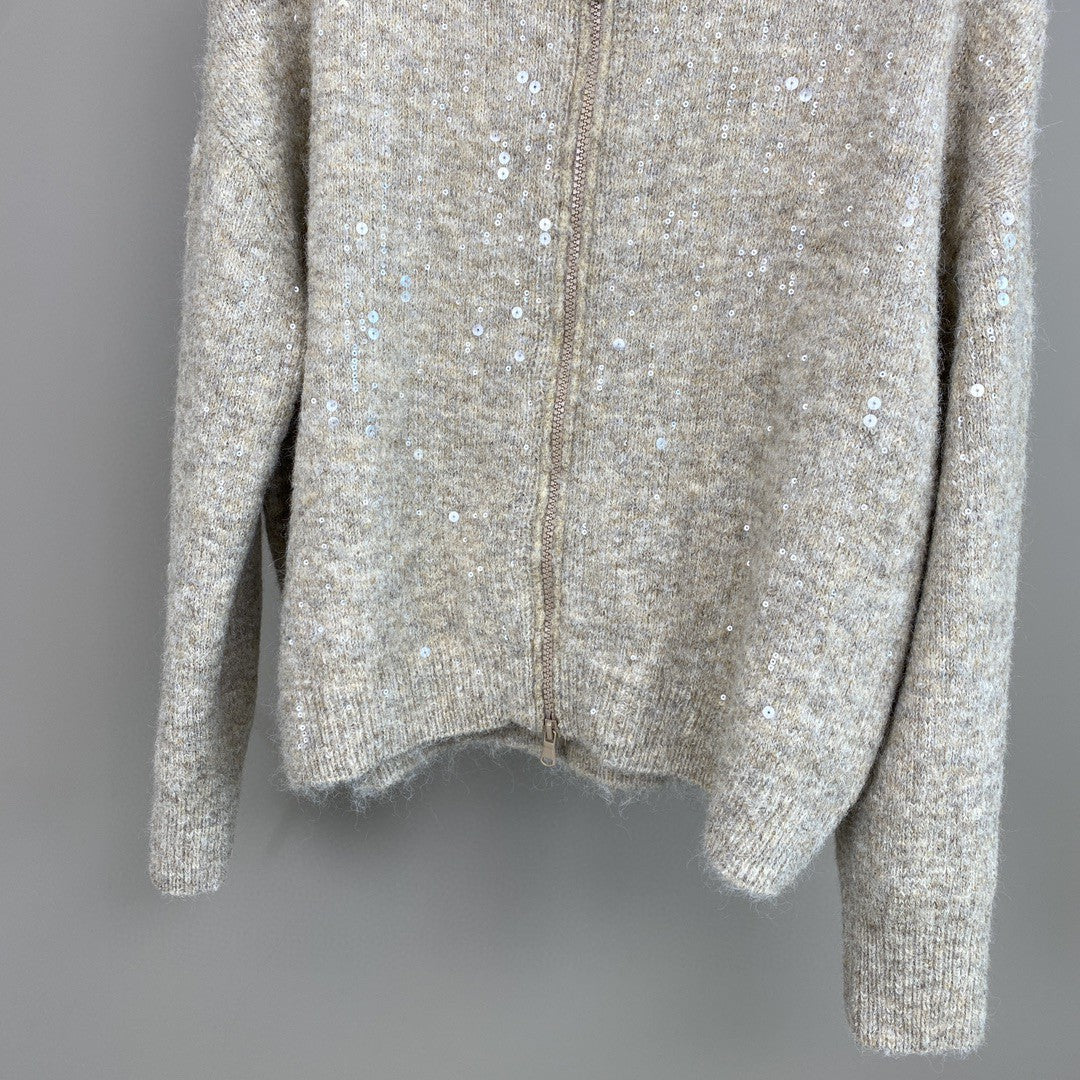 Women Mohair Cashmere Sequin Zip Cardigan Hoodie